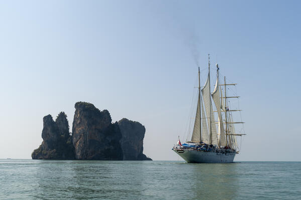 Star Clipper cruise ship sailing in Phang Nga bay, Thailand.