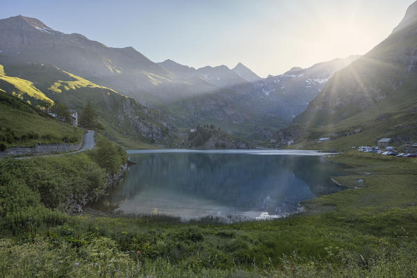 Italy, Graie Alps, Piedmont, Torino, Malciaussia Lake at sunrise