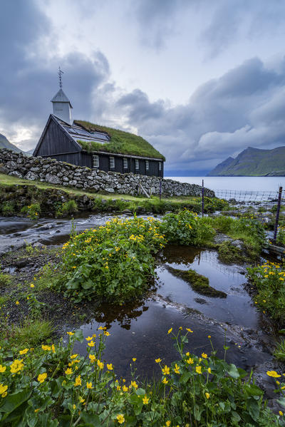 Europe, Denmark, Faroe Islands, Eystoroy, Gjogv: a classic little church on the coastline