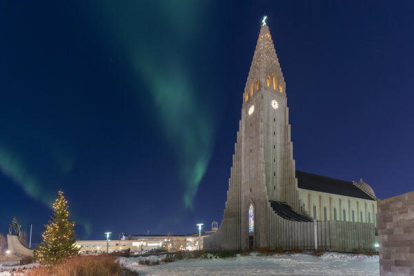 Europe, Iceland: Hallgrimskirkja, on the top of Reykjavik under the northern lights!