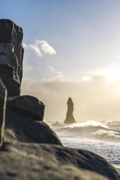 Europe, Iceland: the iconic pillar on the Vik y Myrdal Black Sand Beach