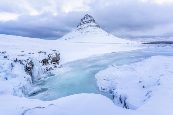 Europe, Iceland: the real Icelandic winter in the Snaefellsnes peninsula, Kirkjufell