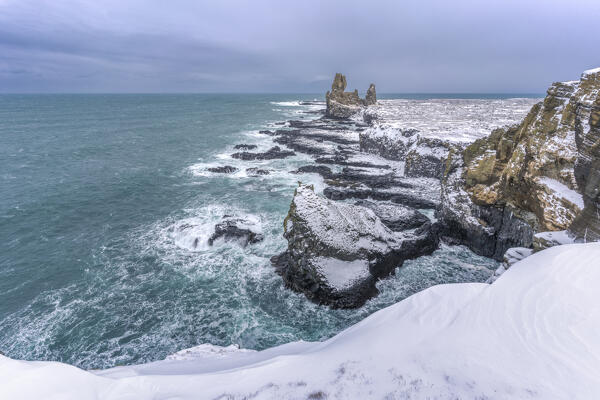 Europe, Iceland, Snaefellsnes peninsula: the Londrangar rock pinnacles from the overlook
