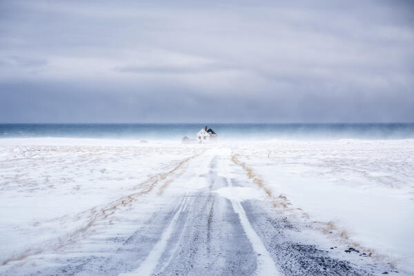 Europe, Iceland: snowstorm on a little blue falling house