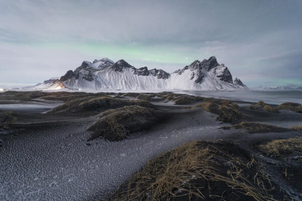 Europe, Iceland: something of green is happening over Vestrahorn