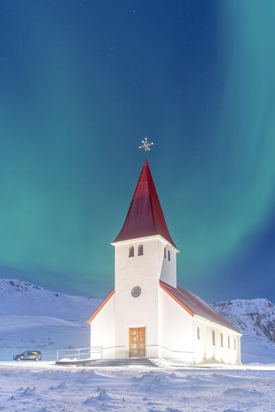 Europe, Iceland: the Northern Lights over the Vik y Myrdal church