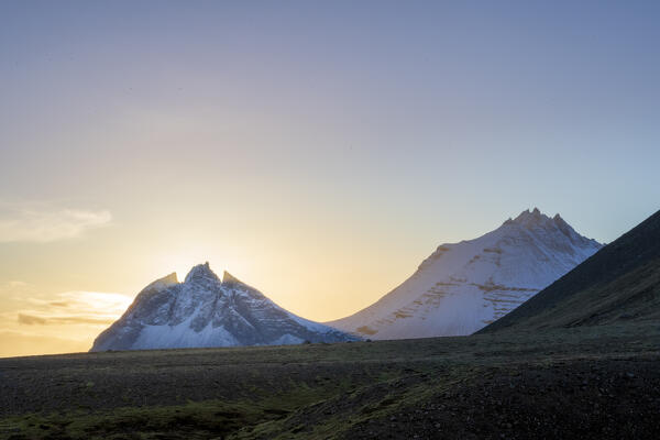 Europe, Southern Iceland: sunset over the mountains