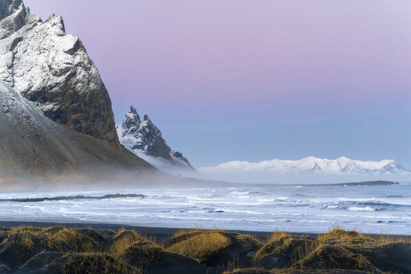 Europe, Southern Iceland: the tide is rising on the Stokksnes black beach under Vestrahorn