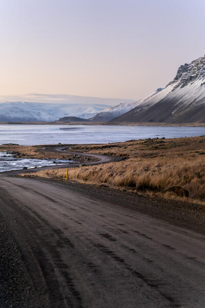Europe, Southern Iceland: sunset on the road to Stokksnes, Vestrahorn, Hofn