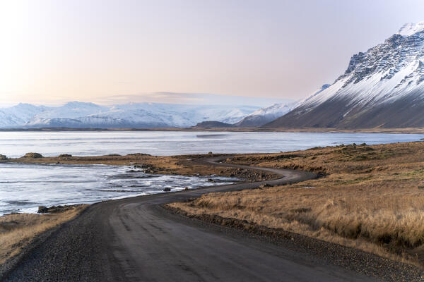 Europe, Southern Iceland: sunset on the road to Stokksnes, Vestrahorn, Hofn