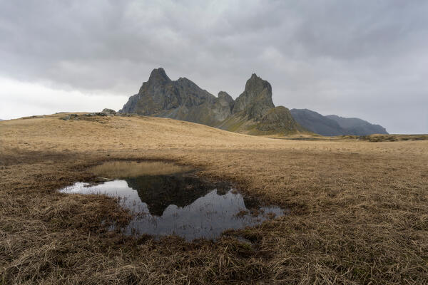 Eystrahorn mountain reflecting in a pond: Eastern Iceland, Europe 
