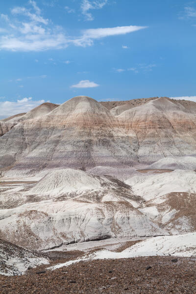 Ages and ages of sediments and deposits for the palette of this hills on the Blue Mesa trail; Petrified Forest and Painted Desert National Park, Arizona, United States of America