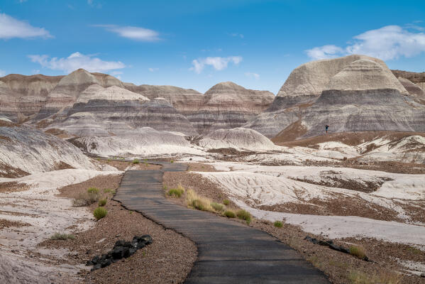 Blue Mesa trail, a photographer on the pathway taking pics of the beautiful coloured hills all around; Petrified Forest and Painted Desert National Park, Arizona, United States of America