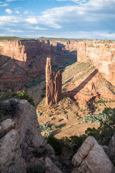 A sunset view of the Spider Rock from the edge of the Canyon de Chelly National Monument; Arizona, United States of America