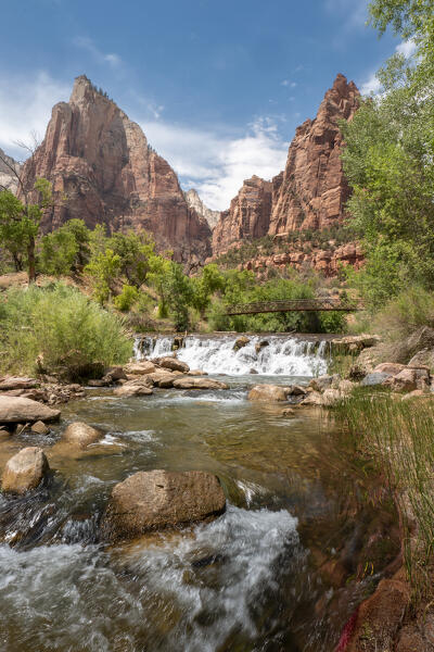 Virgin river's waterfalls  and Court of the Patriarchs mountains at Zion National Park; Utah, United States of America