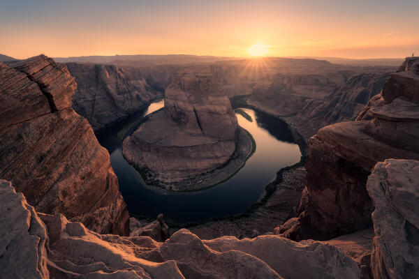 A majestic sunset over the iconic Horseshoe Bend; Page, Arizona, United States of America