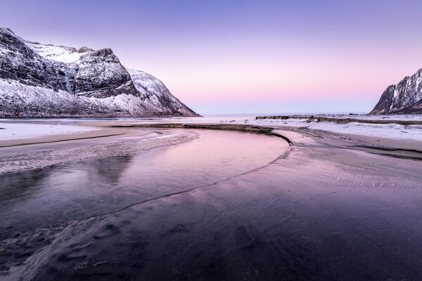 Shy golden hour at Skagsanden beach, a jewel of Lofoten Islands: Europe, Norway