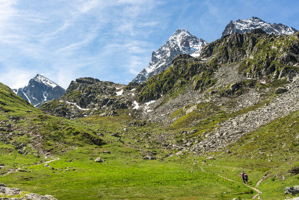 Italy, Piedmont, Pian del Re, Crissolo.
Viso Mozzo, Monviso and Visolotto peak are in front of Pian del Re, where is possible to arrive in Quintino Sella refuge.