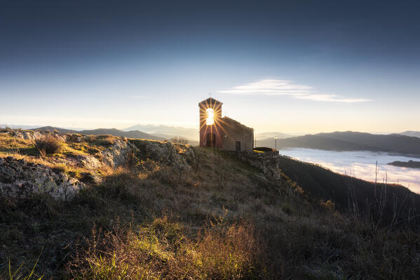 Sunrise on the Church of San Giovanni Decollato in Beverone, municipality of Beverone, La Spezia province, Liguria district, Italy, Europe