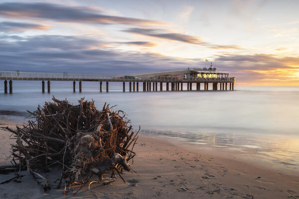 Long exposure at sunset on the pier of Lido di Camaiore, Lucca province, Versilia, Tuscany, Italy, Europe