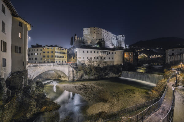 Night on the castle of Rovereto and the Forbato bridge over the Leno river, Rovereto, Trento province, Trentino Alto-Adige, Italy, Europe.