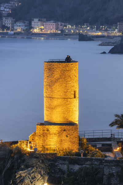 Evening shot on the tower of the Doria Castle in Vernazza, Monterosso al Mare in the background, Unesco World Heritage Site, National Park of Cinque Terre, municipality of Vernazza, La Spezia province, Liguria district, Italy, Europe