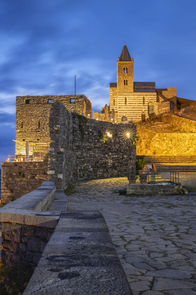 St. Peter's Church in the evening, Portovenere, La Spezia province, Liguria, Italy, Europe
