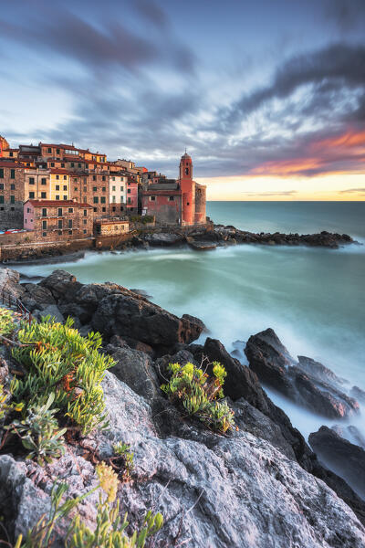 Long exposure at sunset on the village of Tellaro, municipality of Lerici, La Spezia province, Liguria district, Italy, Europe