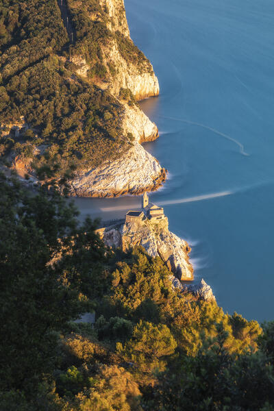 Long exposure during a sunset on the San Pietro Church, municipality of Portovenere, La Spezia province, Liguria, Italy, Europe