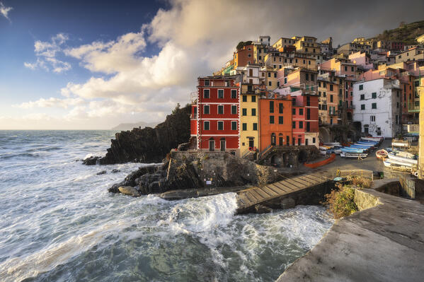 Sunset on the village of Riomaggiore, National Park of Cinque Terre, municipality of Riomaggiore, La Spezia province, Liguria district, Italy, Europe
