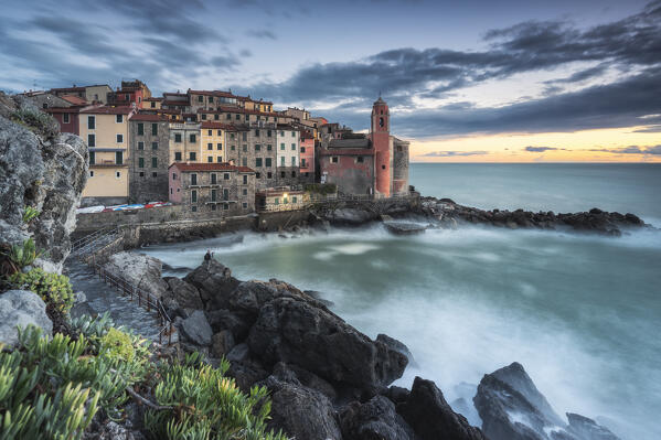 Long exposure at sunset on the village of Tellaro, municipality of Lerici, La Spezia province, Liguria district, Italy, Europe