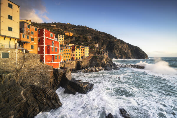 Sunset on the village of Riomaggiore, National Park of Cinque Terre, municipality of Riomaggiore, La Spezia province, Liguria district, Italy, Europe
