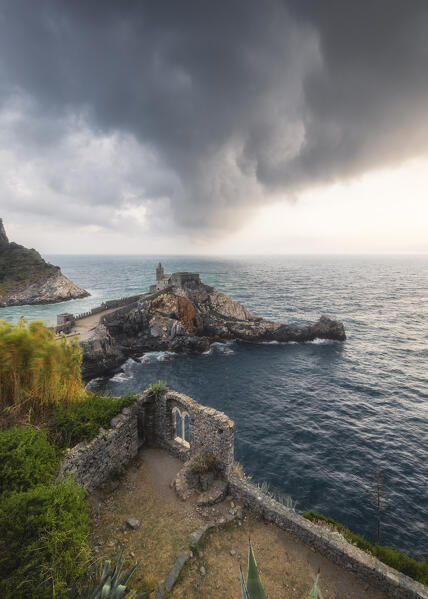 Sunset with epic light on the San Pietro Church, municipality of Portovenere, La Spezia province, Liguria, Italy, Europe