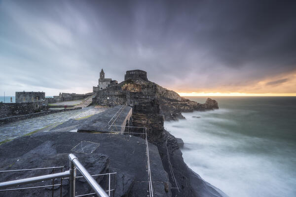 Sunset on the San Pietro Church, municipality of Portovenere, La Spezia province, Liguria, Italy, Europe