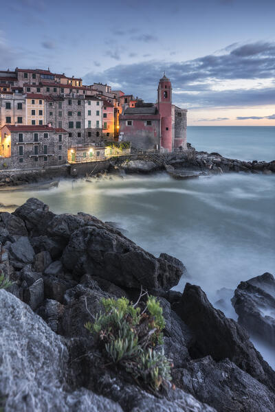 Long exposure in the evening on the village of Tellaro, municipality of Lerici, La Spezia province, Liguria district, Italy, Europe