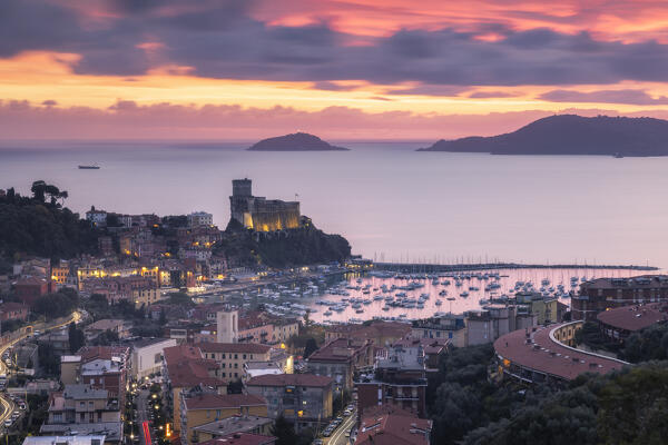 Long exposure at sunset over Lerici and its Castle, municipality of Lerici, La Spezia province, Liguria district, Italy, Europe