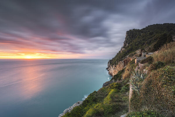 Last lights of the sunset looking toward the Muzzerone, municipality of Portovenere, La Spezia province, Liguria, Italy, Europe