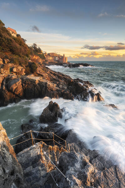 Sunset over the village of Tellaro, municipality of Lerici, La Spezia province, Liguria district, Italy, Europe