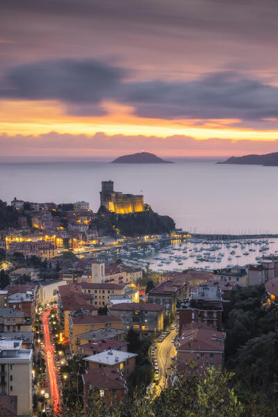 Long exposure at sunset over Lerici and its Castle, municipality of Lerici, La Spezia province, Liguria district, Italy, Europe