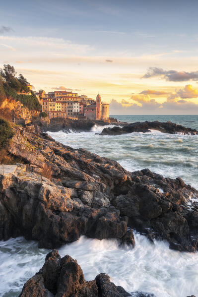 Sunset over the village of Tellaro, municipality of Lerici, La Spezia province, Liguria district, Italy, Europe