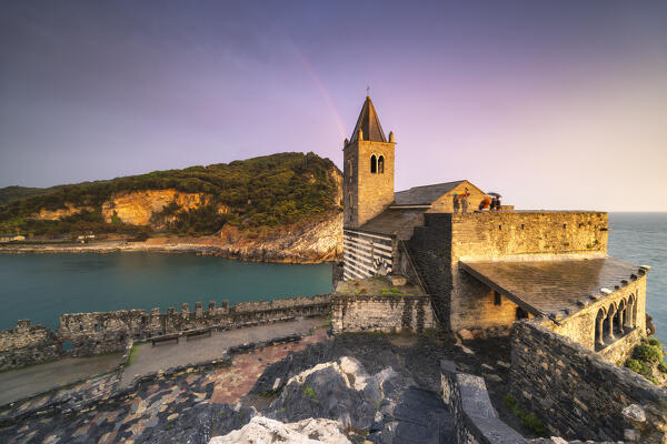Sunset with rainbow on the San Pietro Church, municipality of Portovenere, La Spezia province, Liguria, Italy, Europe
