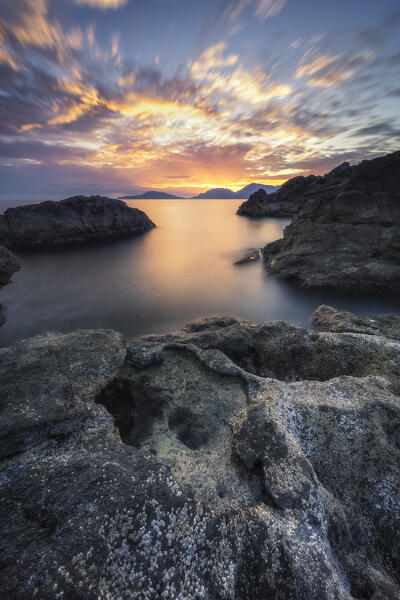 Long exposure and sunset in the Gulf of Poets on the Tellaro cliff, municipality of Lerici, La Spezia province, Liguria district, Italy, Europe