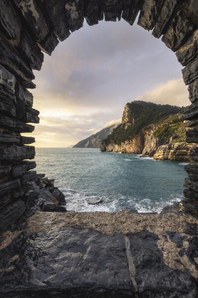 The sunset from one of the windows of Portovenere, La Spezia province, Liguria, Italy, Europe