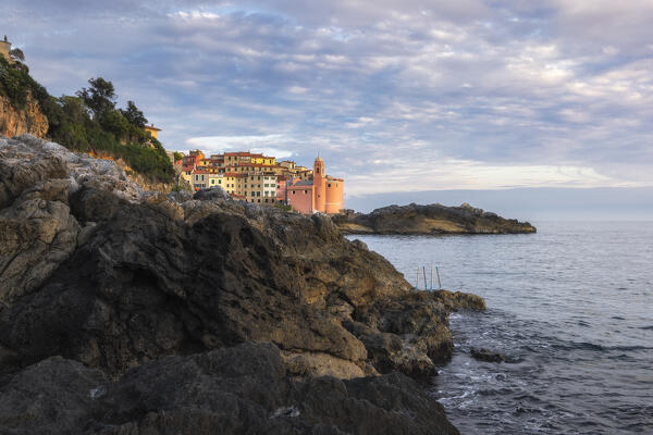 Sunset over the village of Tellaro, municipality of Lerici, La Spezia province, Liguria district, Italy, Europe