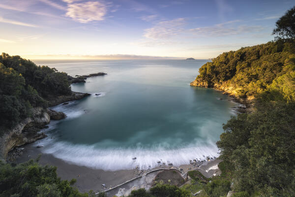 Long exposure at sunrise on the beach of Eco del Mare, Tellaro, municipality of Lerici, La Spezia province, Liguria district, Italy, Europe
