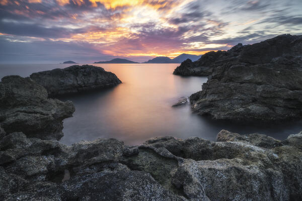 Long exposure at sunset in the Gulf of Poets on the Tellaro cliff, municipality of Lerici, La Spezia province, Liguria district, Italy, Europe