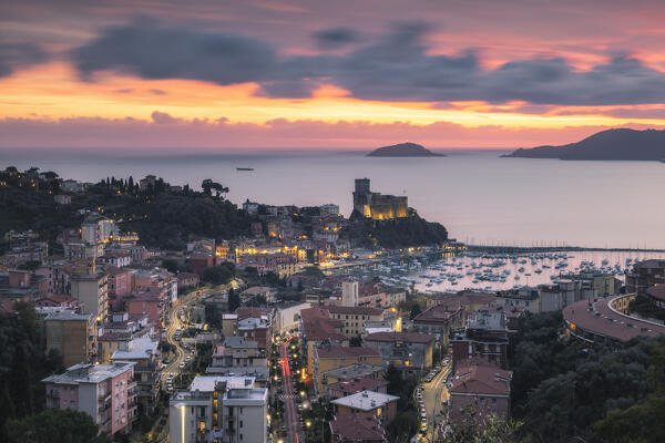 Long exposure at sunset over Lerici and its Castle, municipality of Lerici, La Spezia province, Liguria district, Italy, Europe