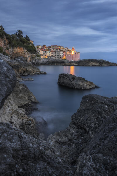 Long exposure at sunset on the cliff of Trigliano, village of Tellaro, municipality of Lerici, La Spezia province, Liguria district, Italy, Europe