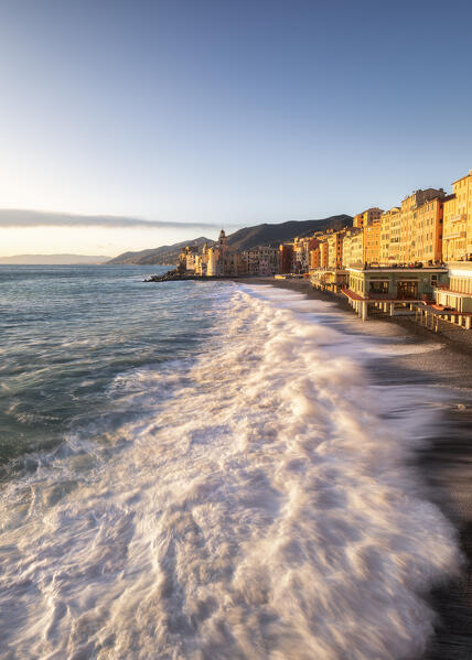 Storm at sunset on the beach of Camogli, municipality of Camogli, Genoa province, Liguria, Italy, Europe
