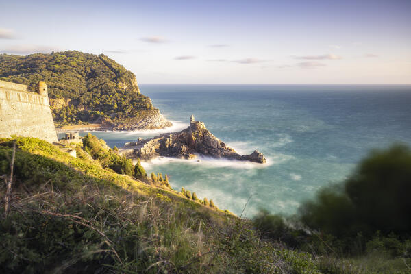 Long exposure during a storm at sunset on the San Pietro Church, municipality of Portovenere, La Spezia province, Liguria, Italy, Europe